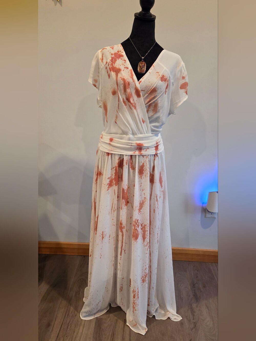 White Maxi Dress with Rust Paint-Splatter Detail